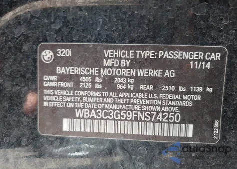 2015 BMW 320I xDrive из США, поврежденный, VIN WBA3C3G59FNS74250